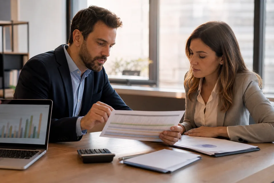 PMO manager and finance partner comparing software license costs on a laptop and printed spreadsheet