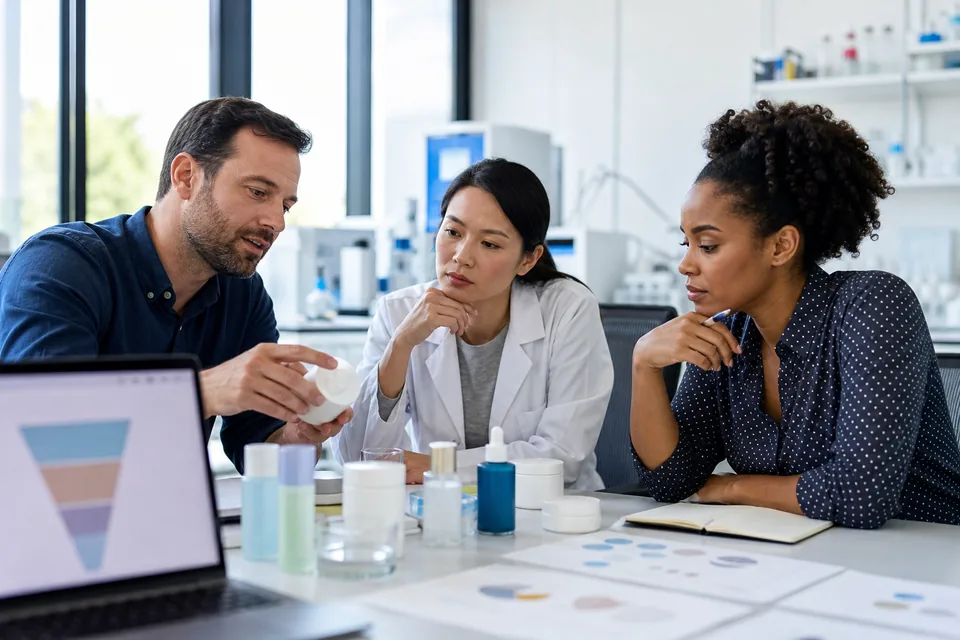 R&D portfolio manager and product scientists holding a stage gate review around prototypes on a lab meeting table