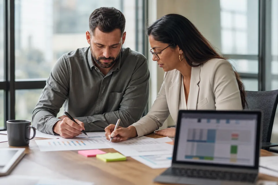 Procurement manager and PMO lead scoring software vendors with printed evaluation sheets at a meeting table