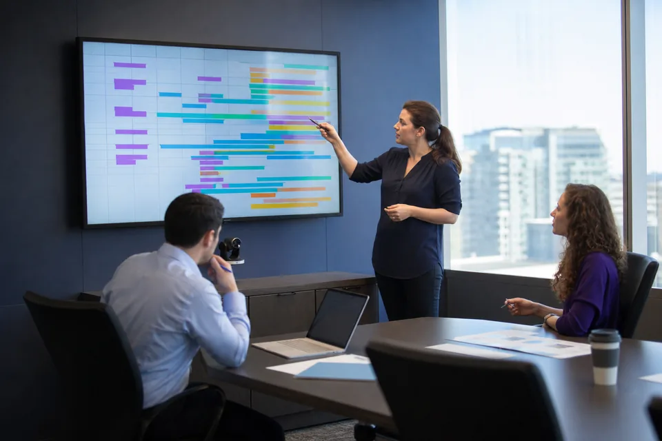 Resource manager reviewing a shared team workload chart with two colleagues