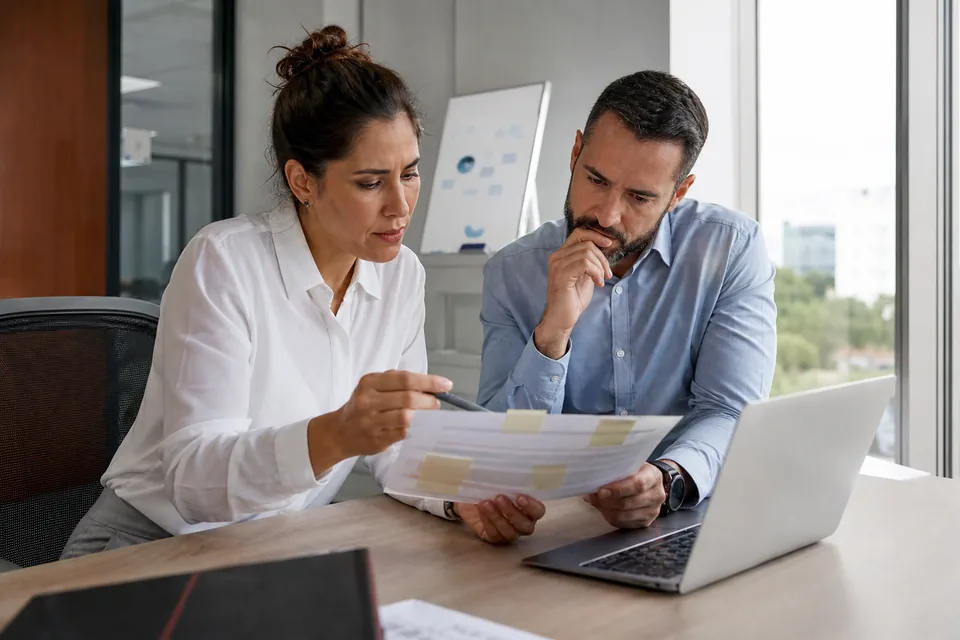 PMO lead and IT procurement manager reviewing a software renewal contract next to a laptop with a portfolio export
