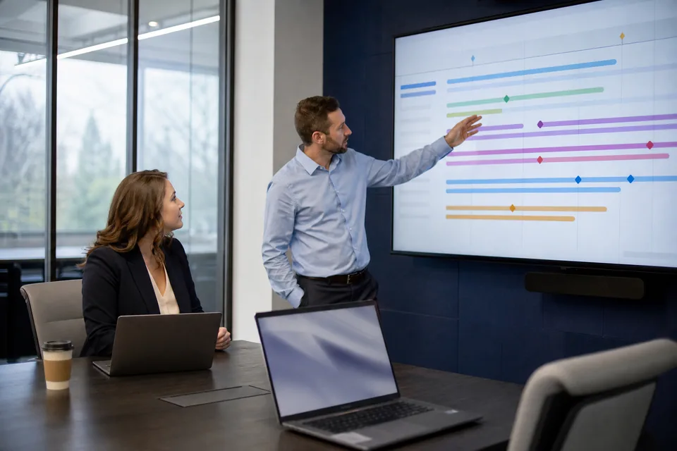 IT portfolio lead and PMO analyst reviewing a project portfolio roadmap on a large screen in a conference room